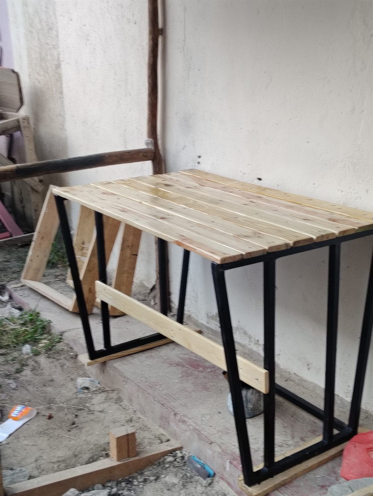 Timber-top metal table